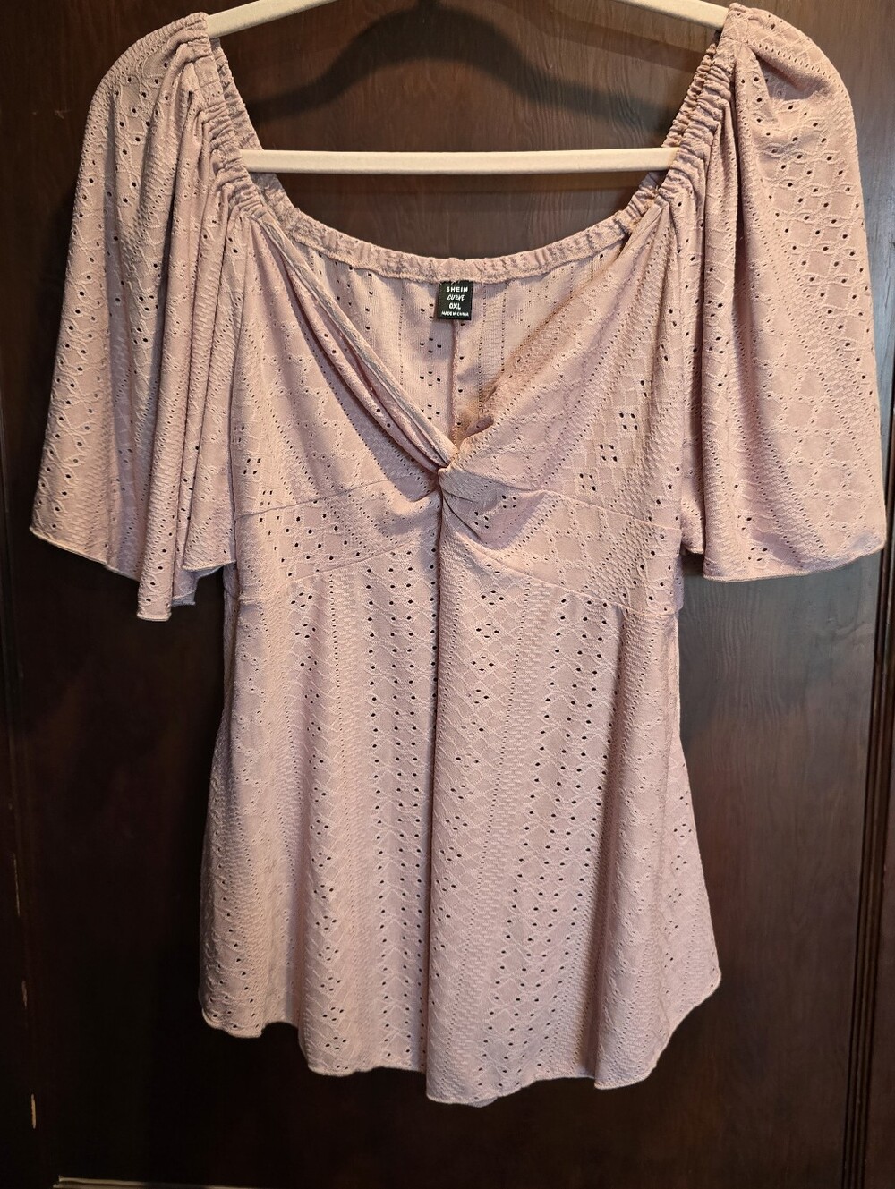 SHEIN Dusty Rose Eyelet Knot-Front Peasant Blouse